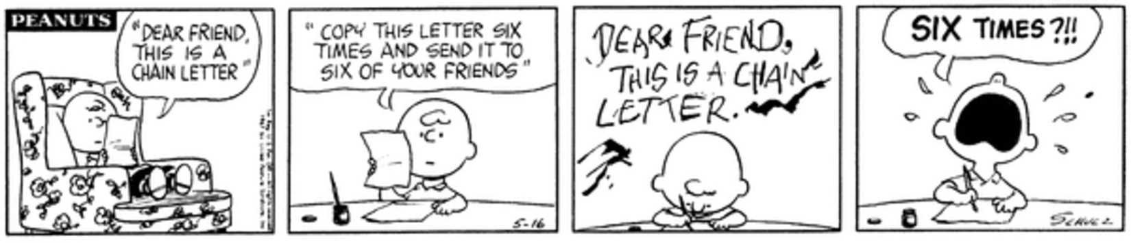 Charlie Brown struggling to write with a pen in a chain letter.