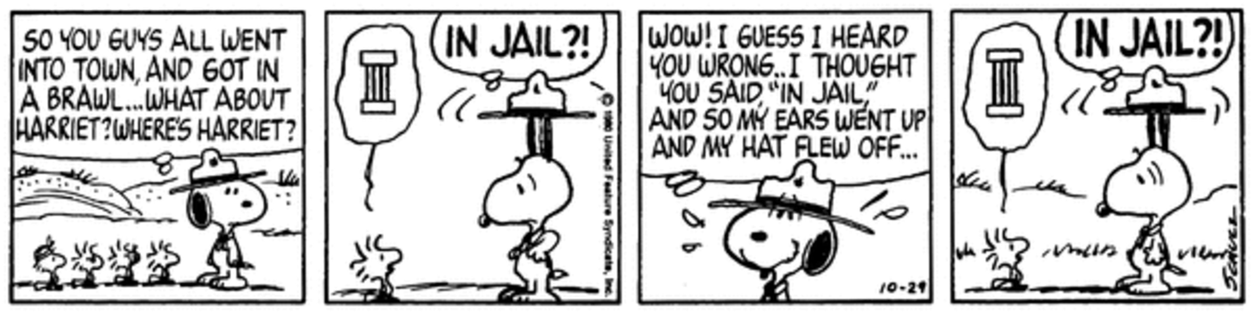 Tira de amendoim: Snoopy fica chocado com Harriet na prisão.