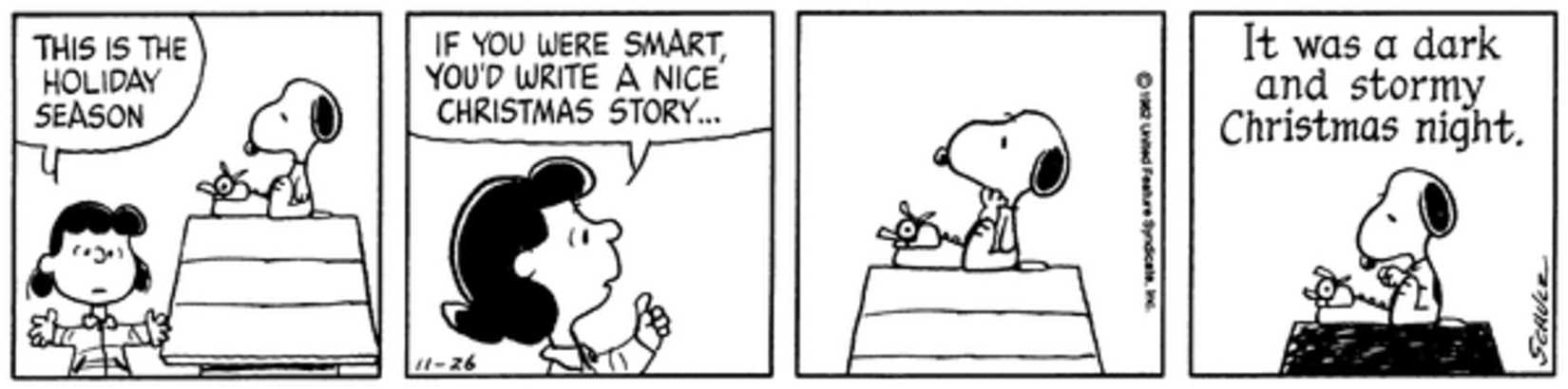 Lucy talking to Snoopy at his doghouse with his typewriter.