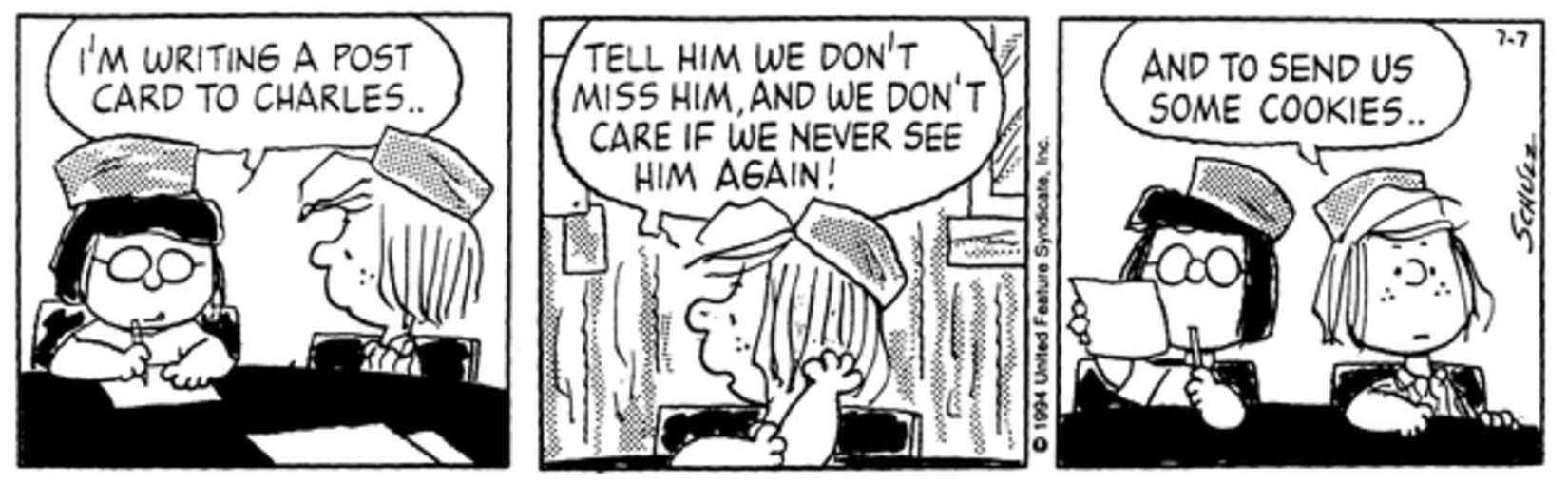 Marcie writing a letter with Peppermint Patty.