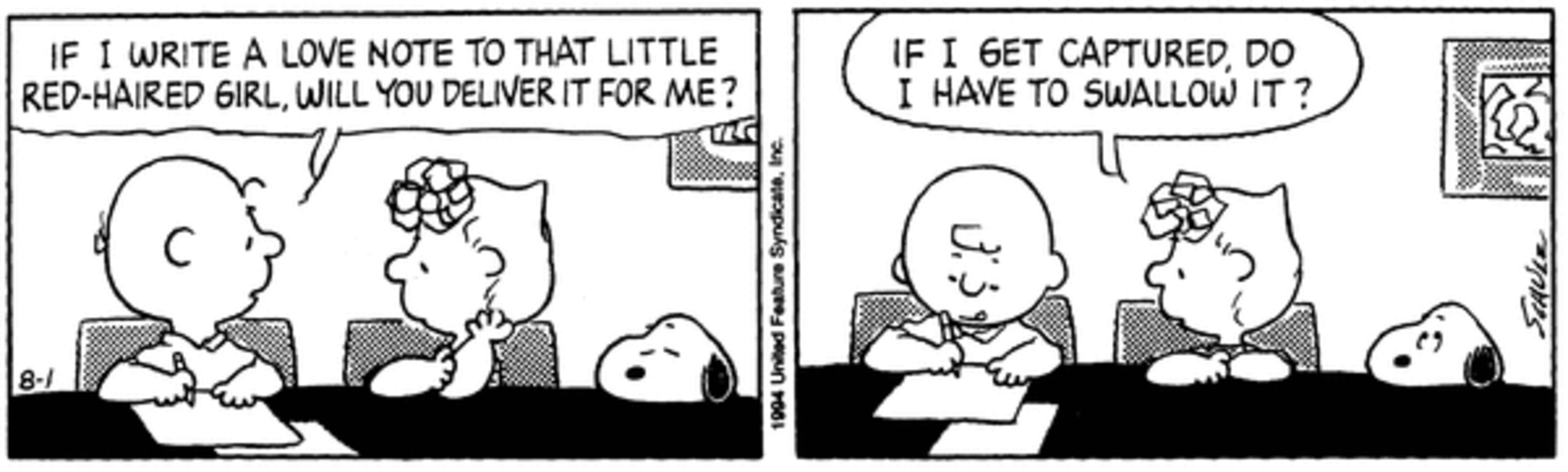 Charlie Brown and Sally talking as she writes a love letter.