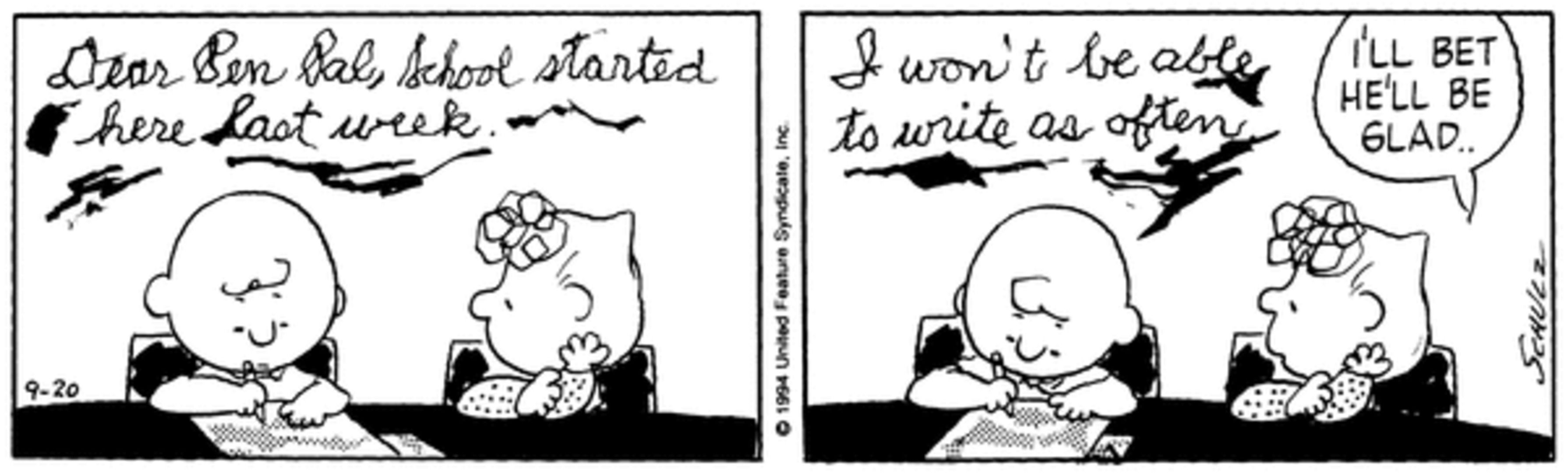 Charlie Brown writing with paint stains on her letter next to Sally.