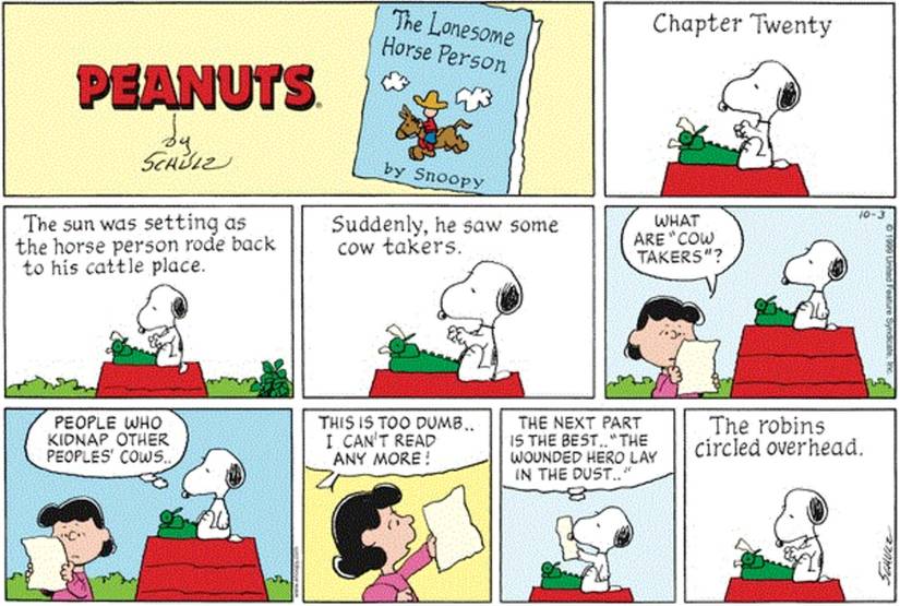 Lucy reading Snoopy's Western story.
