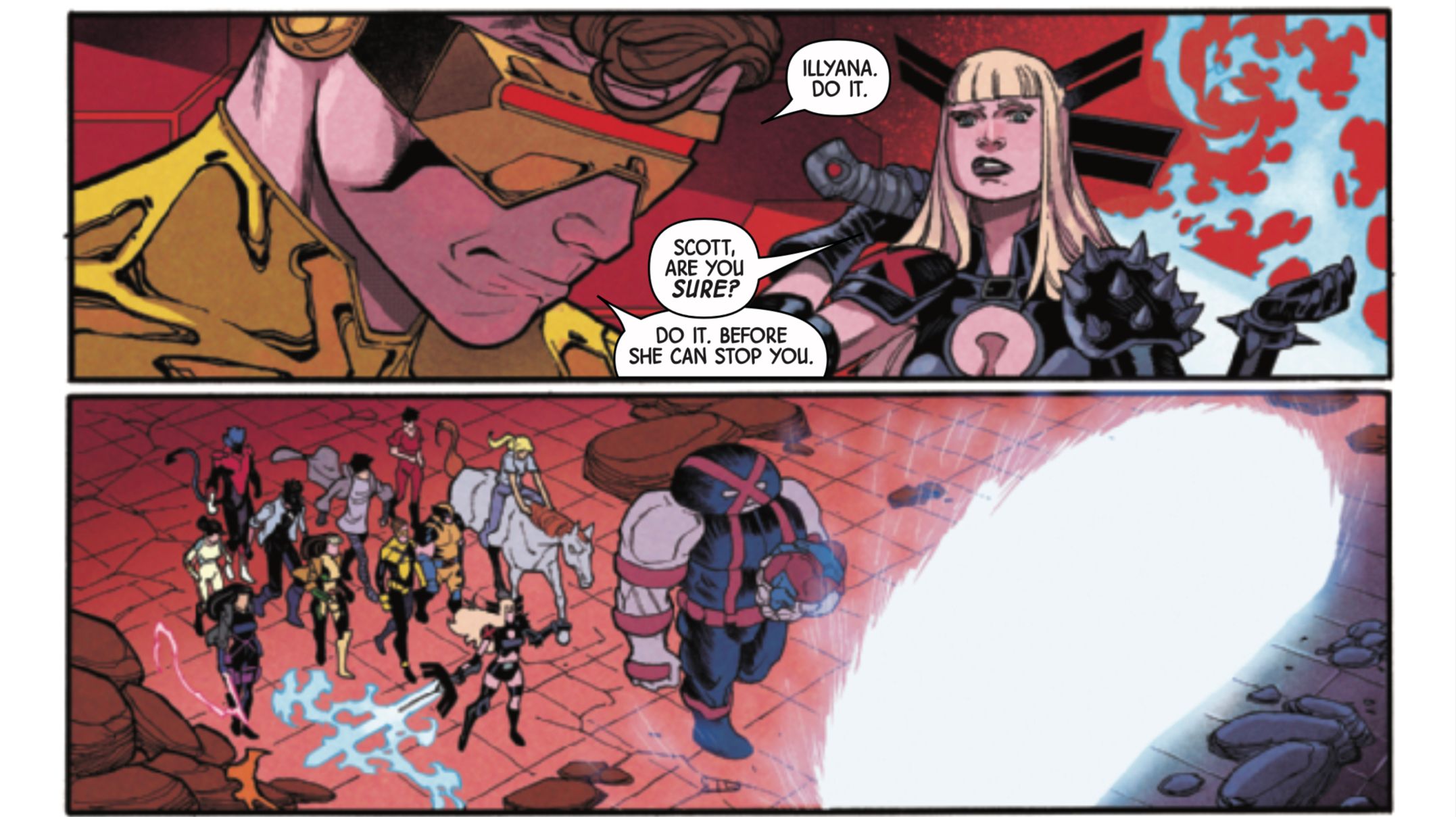 Uncanny X-Men #8 by Simone and Garrón – a defeated Cyclops tells Magik to teleport the team away