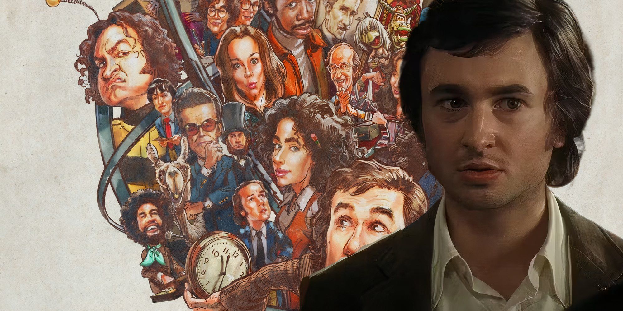 Collage of a closeup of Gabriel LaBelle as Lorne Michaels in front of the Saturday Night poster