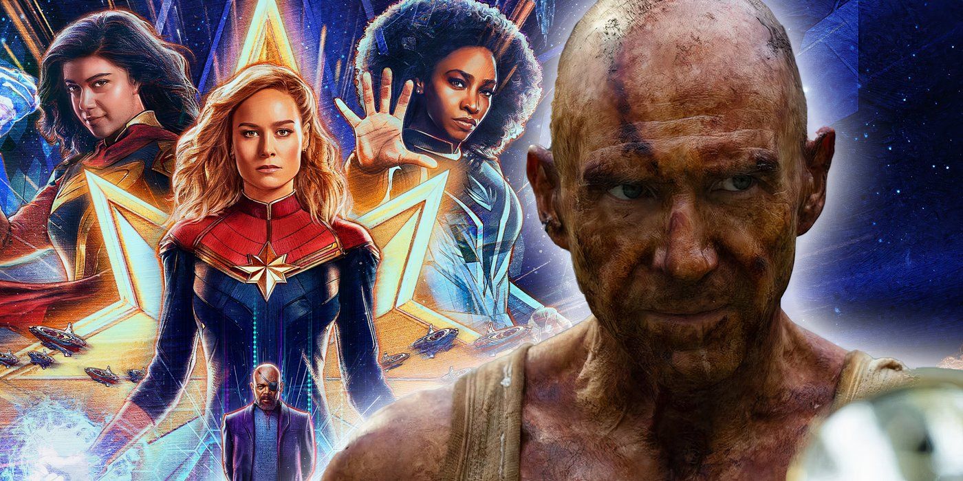 An edited image of Ralph Fiennes in 28 Years Later and the poster for The Marvels.