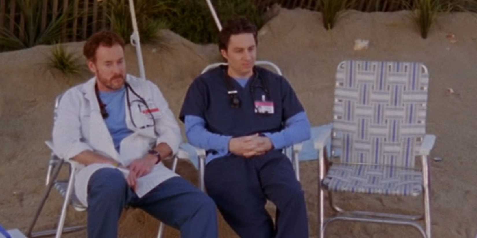 Dr. Cox and JD sitting next to an empty chair in Scrubs