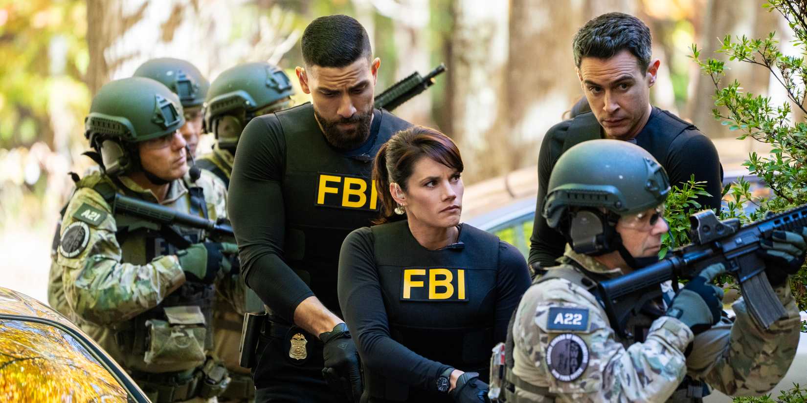 Zeeko Zaki as Special Agent Omar Adom ‘OA’ Zidan, Missy Peregrym as Special Agent Maggie Bell, and John Boyd as Special Agent Stuart Scola in FBI season 7, episode 8