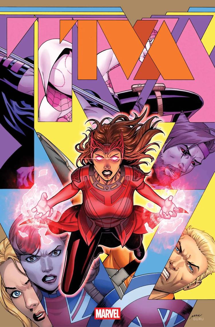 TVA #5 Cover by Pere Pérez - Scarlet Witch glows with power over collage of the TVA’s team of heroes