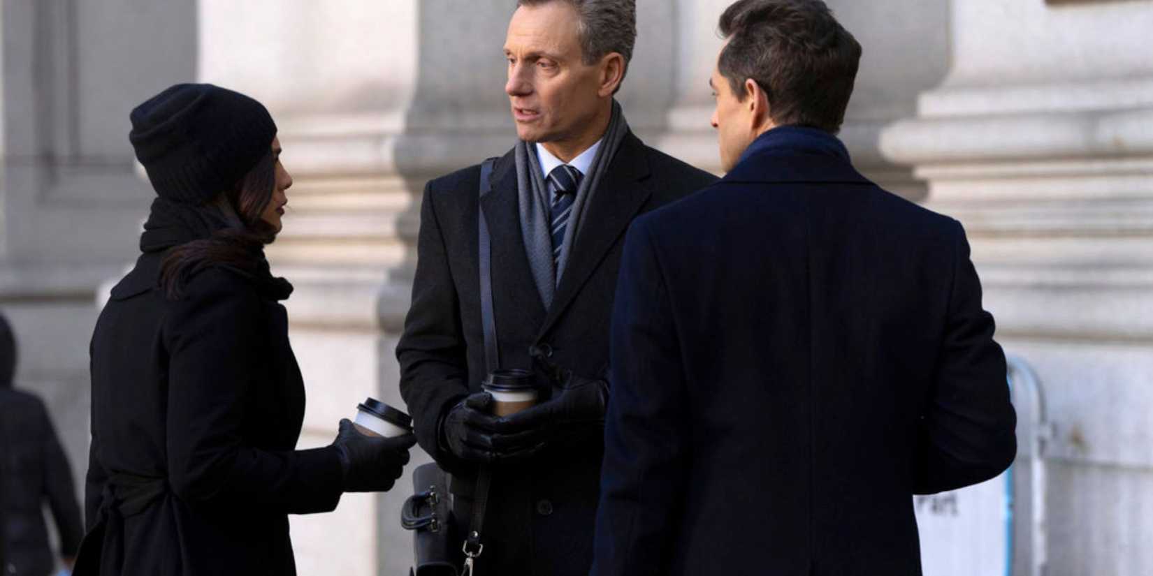 Law & Order Maroun holding coffee and making a passionate argument to Baxter and Price