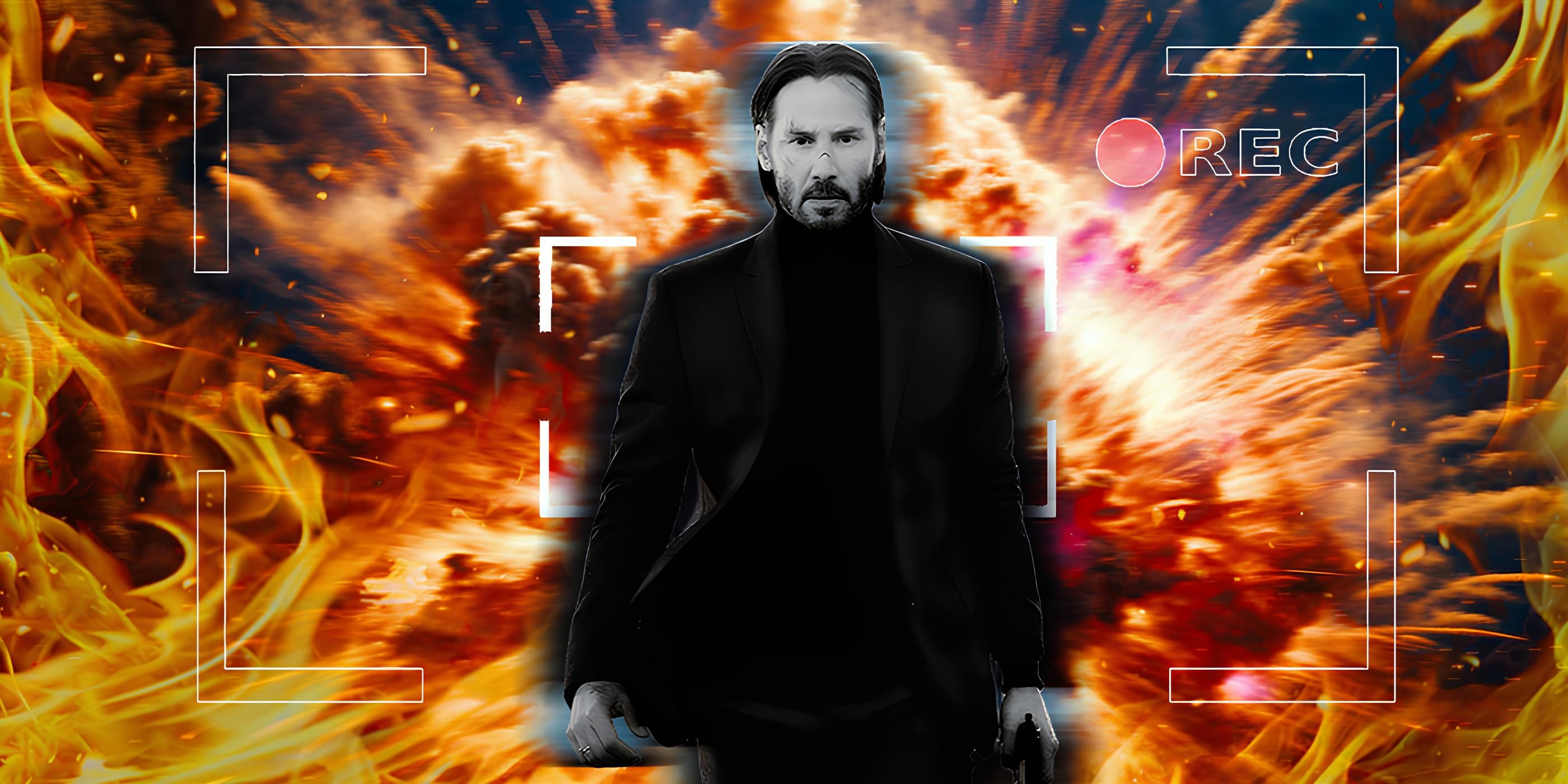 John Wick (Keanu Reeves) berjalan menembus api dengan rekaman visual kamera yang dilapis di atasnya dalam versi asli John Wick