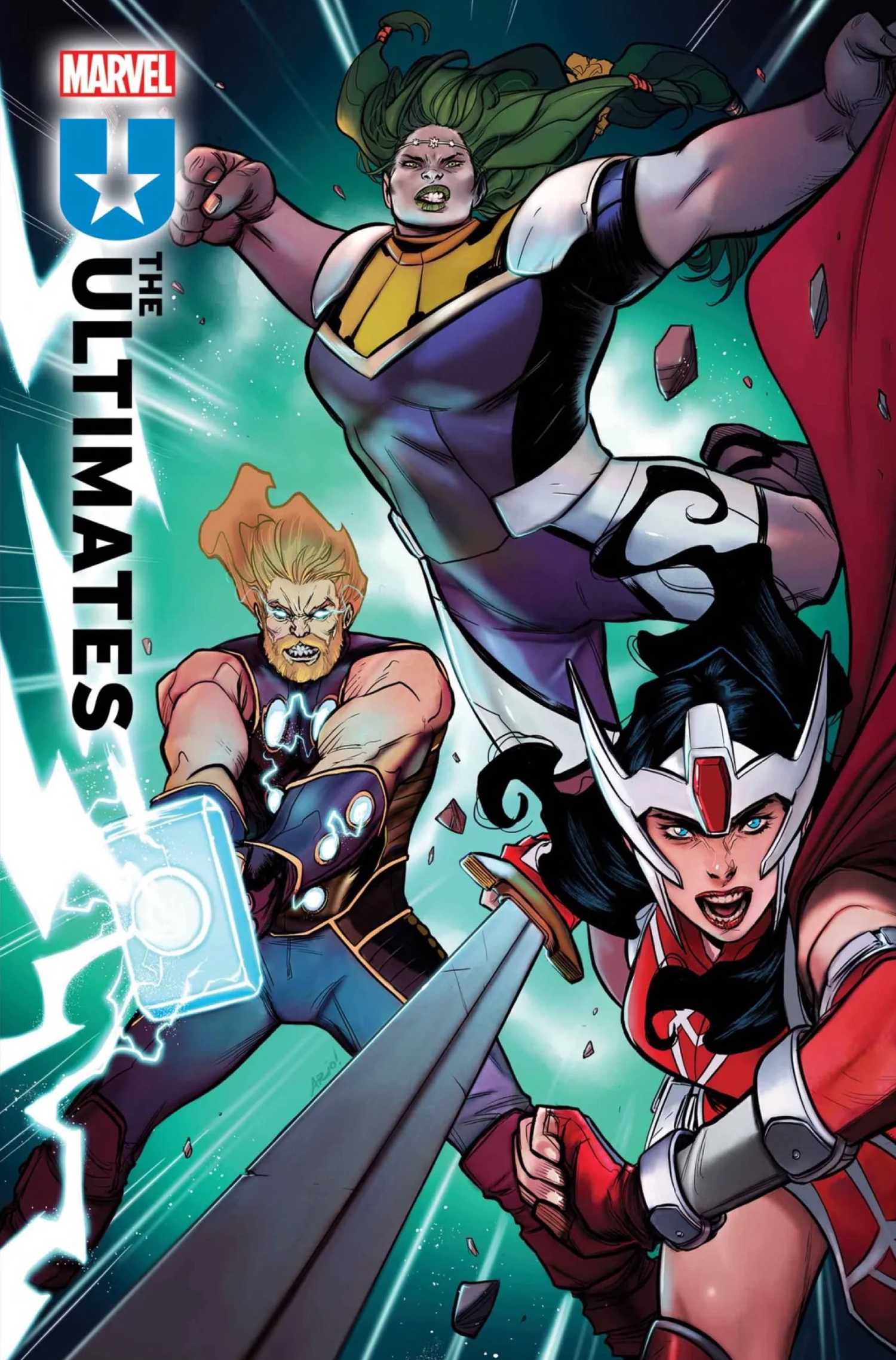 Ultimates #11 variant cover by Ario Anindito with Thor, Sif, and She-Hulk in action