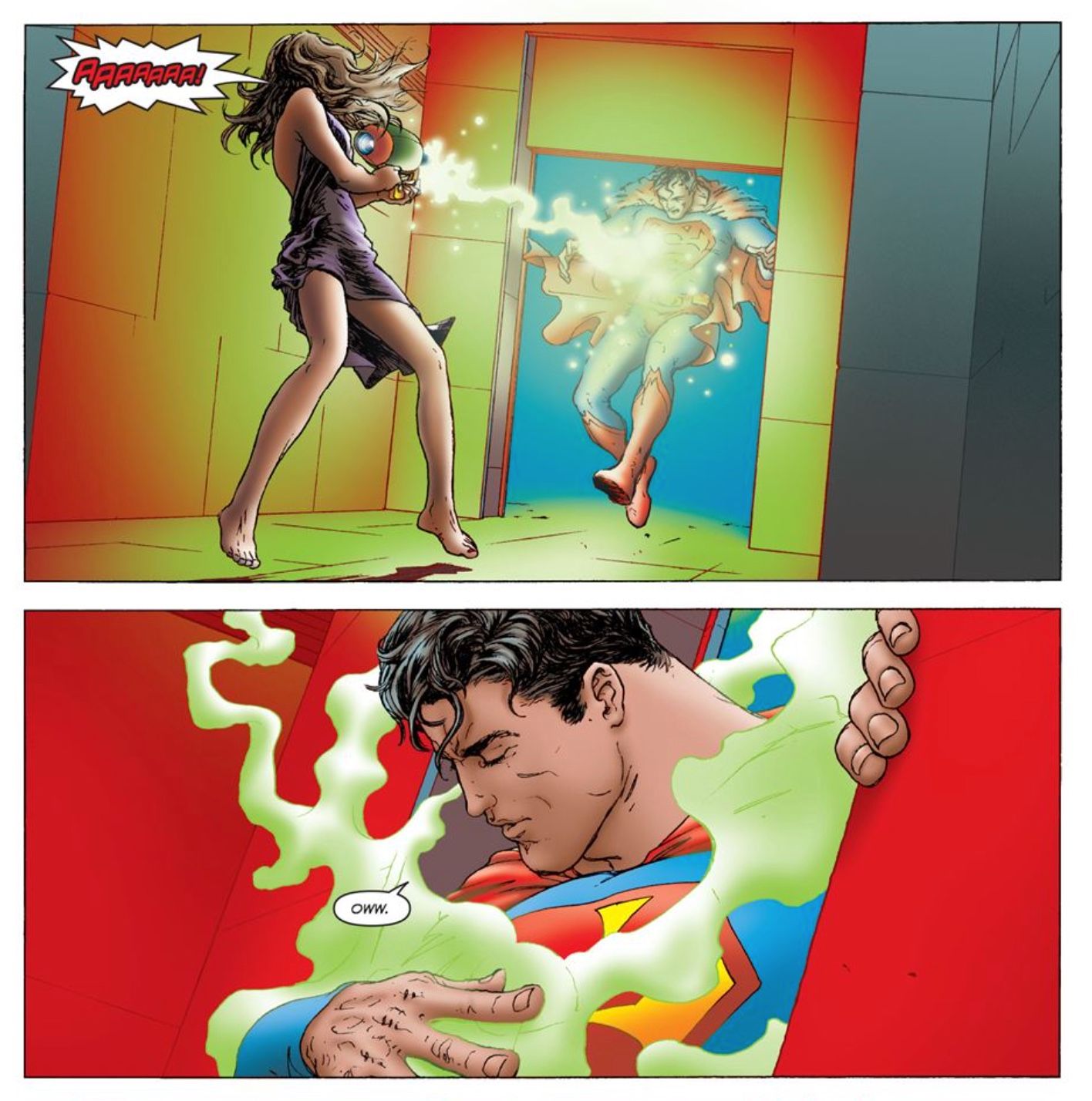 Painéis de quadrinhos: Lois Lane atira no Superman com uma arma de raios de criptonita