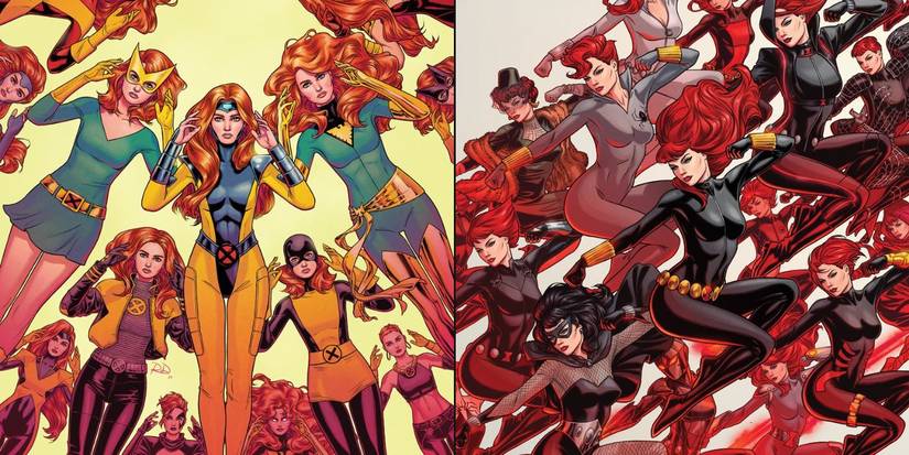 Jean Grey and Black Widow replicated in various styles in art by Russell Dauterman