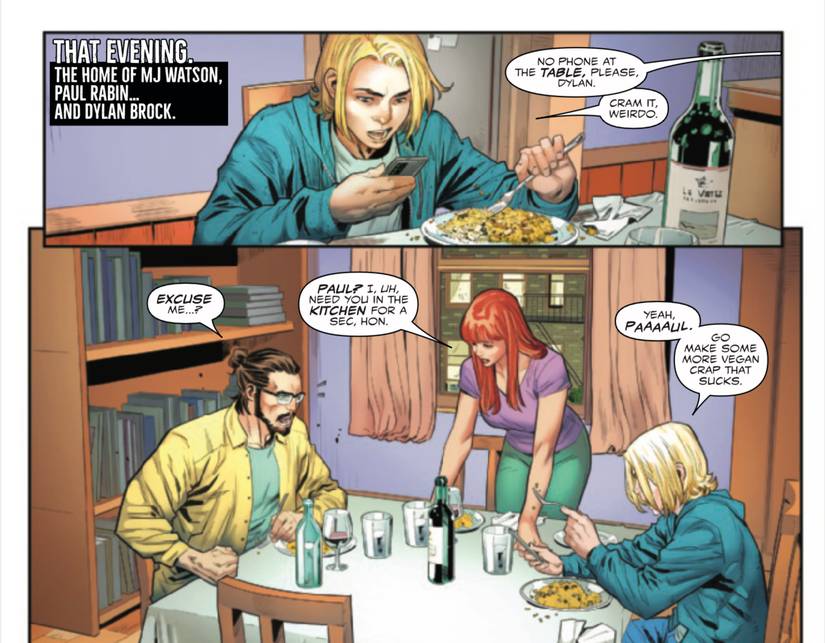 All-New Venom #2 by Ewing and Gómez - Dylan Brock makes fun of Paul while they and MJ eat dinner together