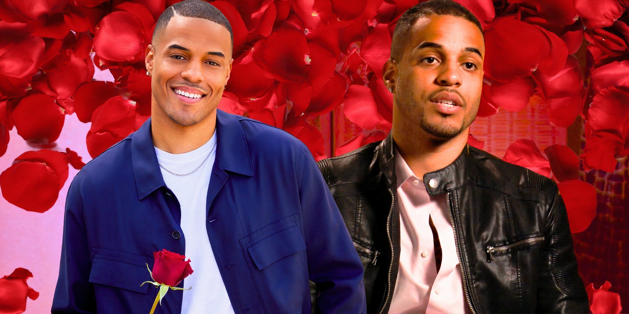 a montage of Grant Ellis as the bachelor with a rose petal background