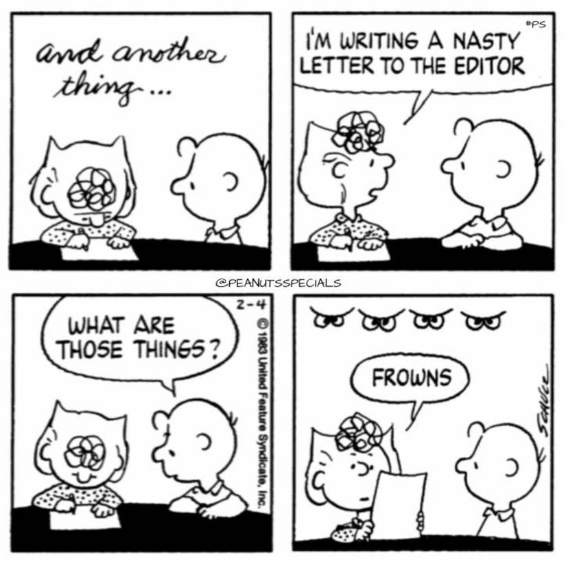 Sally writing an angry letter while drawing frowns on it.