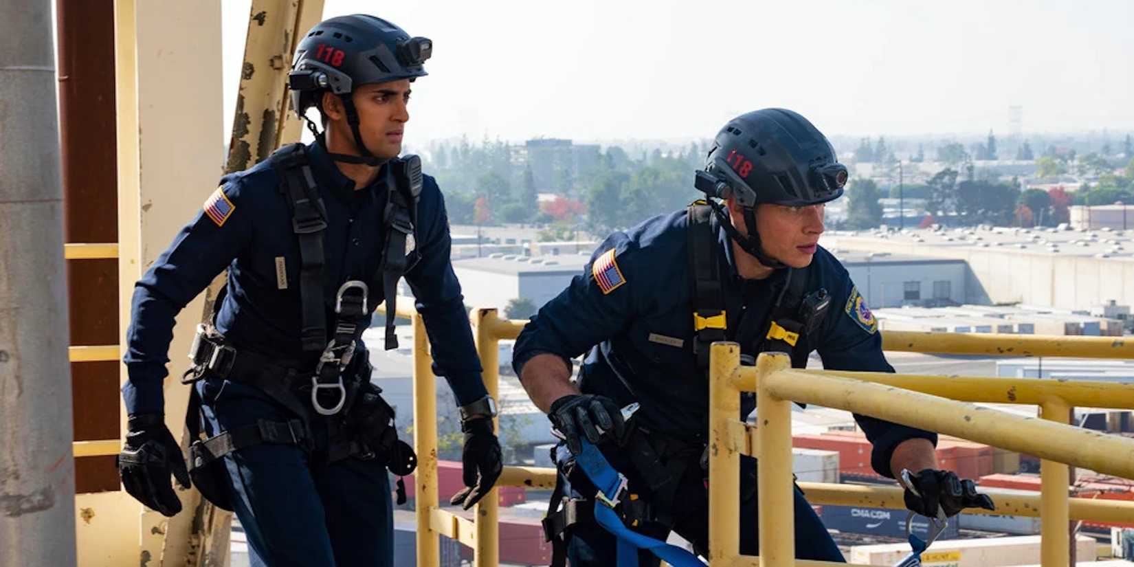 Ravi (Anirudh Pisharody) and Buck (Oliver Stark) in 9-1-1.