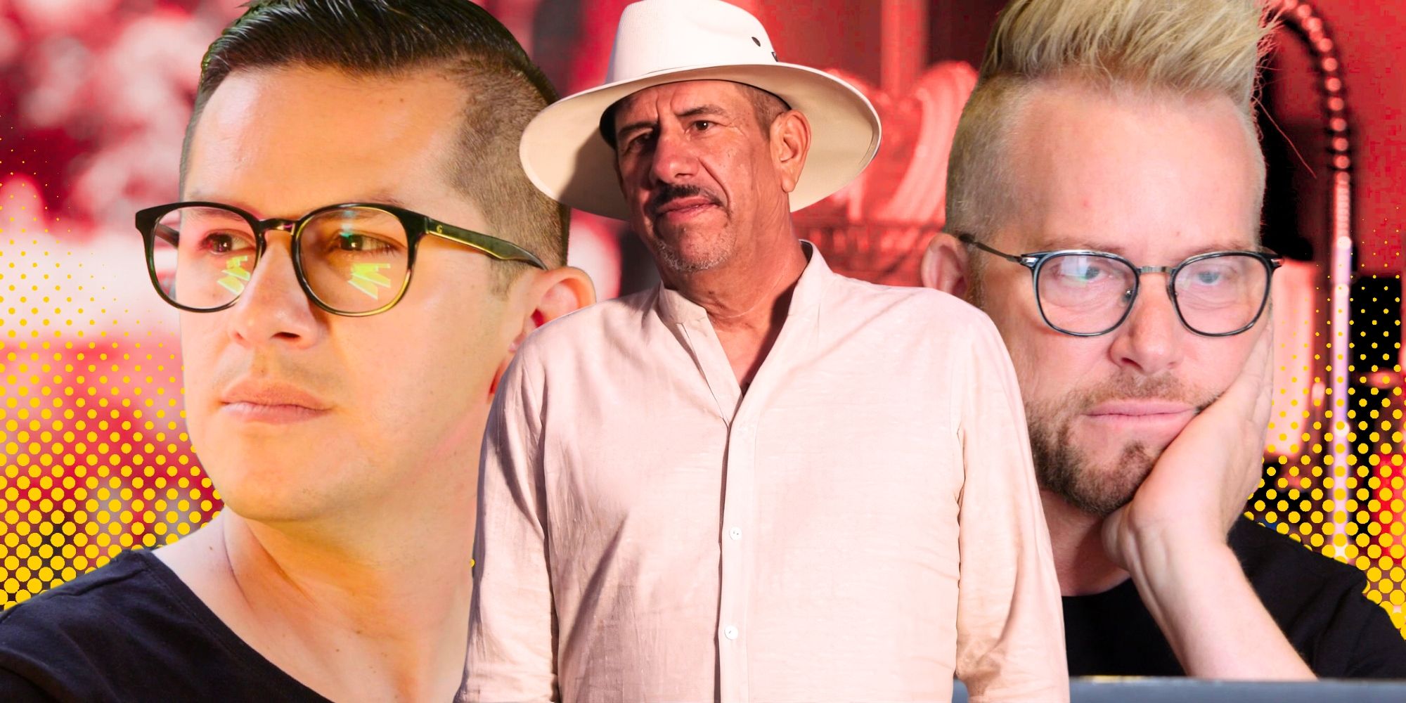 90 Day Fiancé’s Armando Rubio, Armando Sr. and Kenny Niedermeier look serious, with Sr. wearing a wide-brimmed hat.