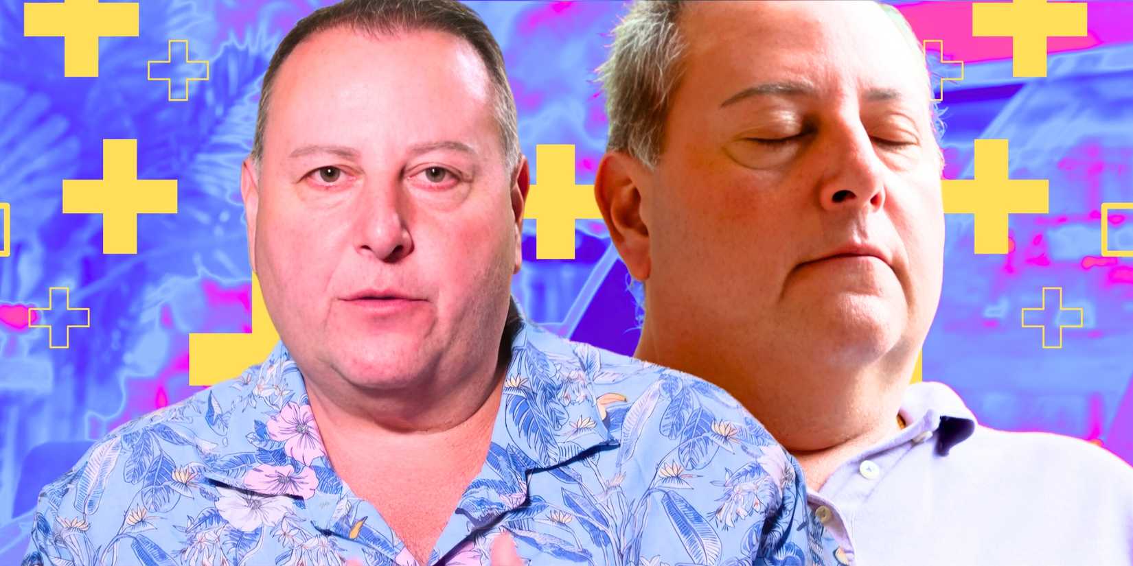 90 Day Fiancé’s David Toborowsky looks serious and closes his eyes in a montage image with yellow + hospital symbols.