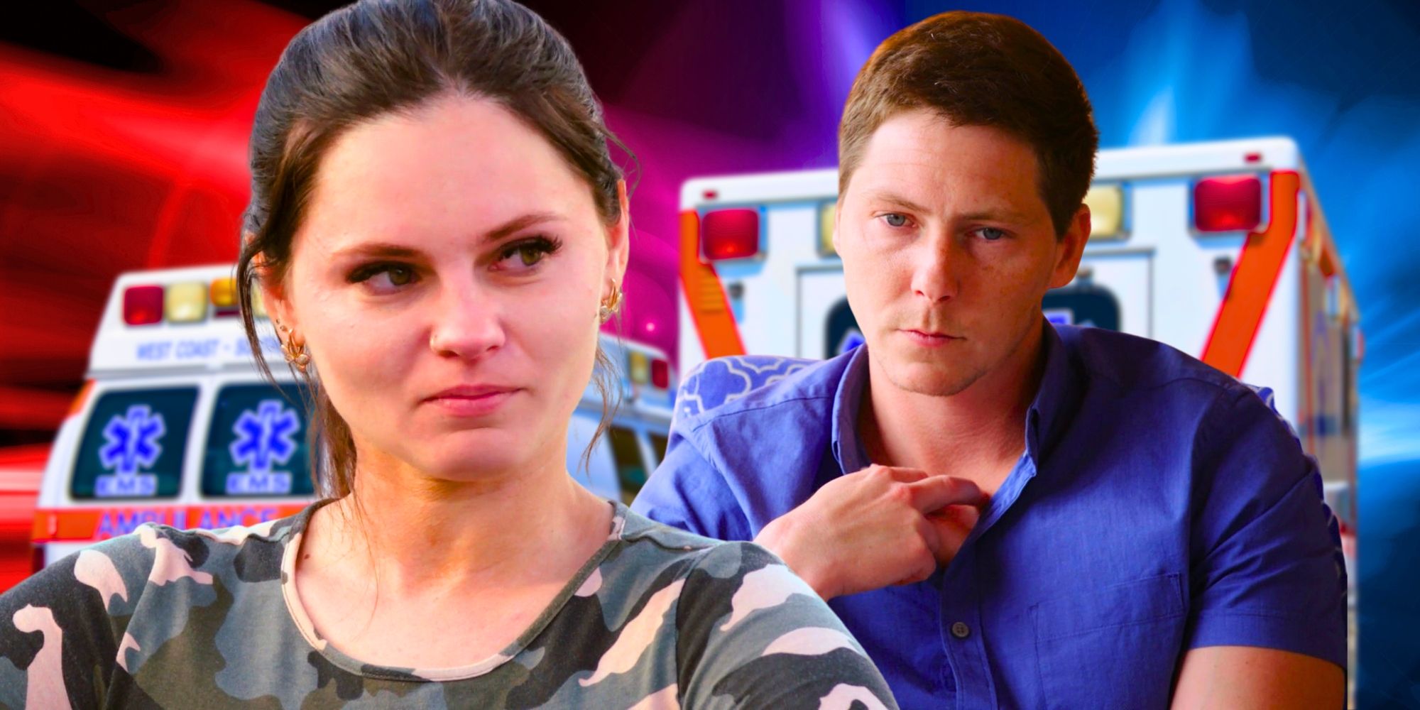 90 Day Fiancé’s Julia Trubkina and Brandon Gibbs looks serious, with ambulances in the background.