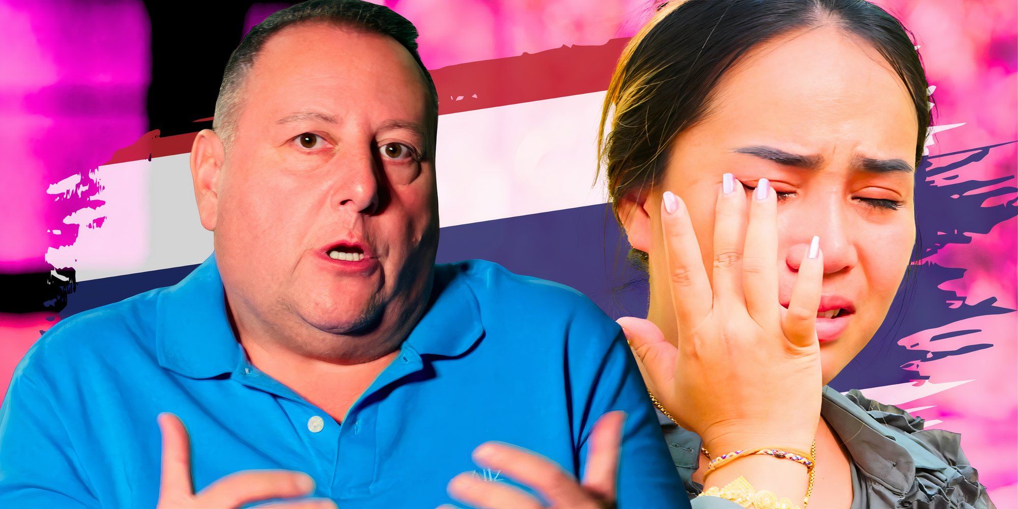 90 Day Fiancé David Toborowsky explaining something Annie Suwan crying with Thailand flag