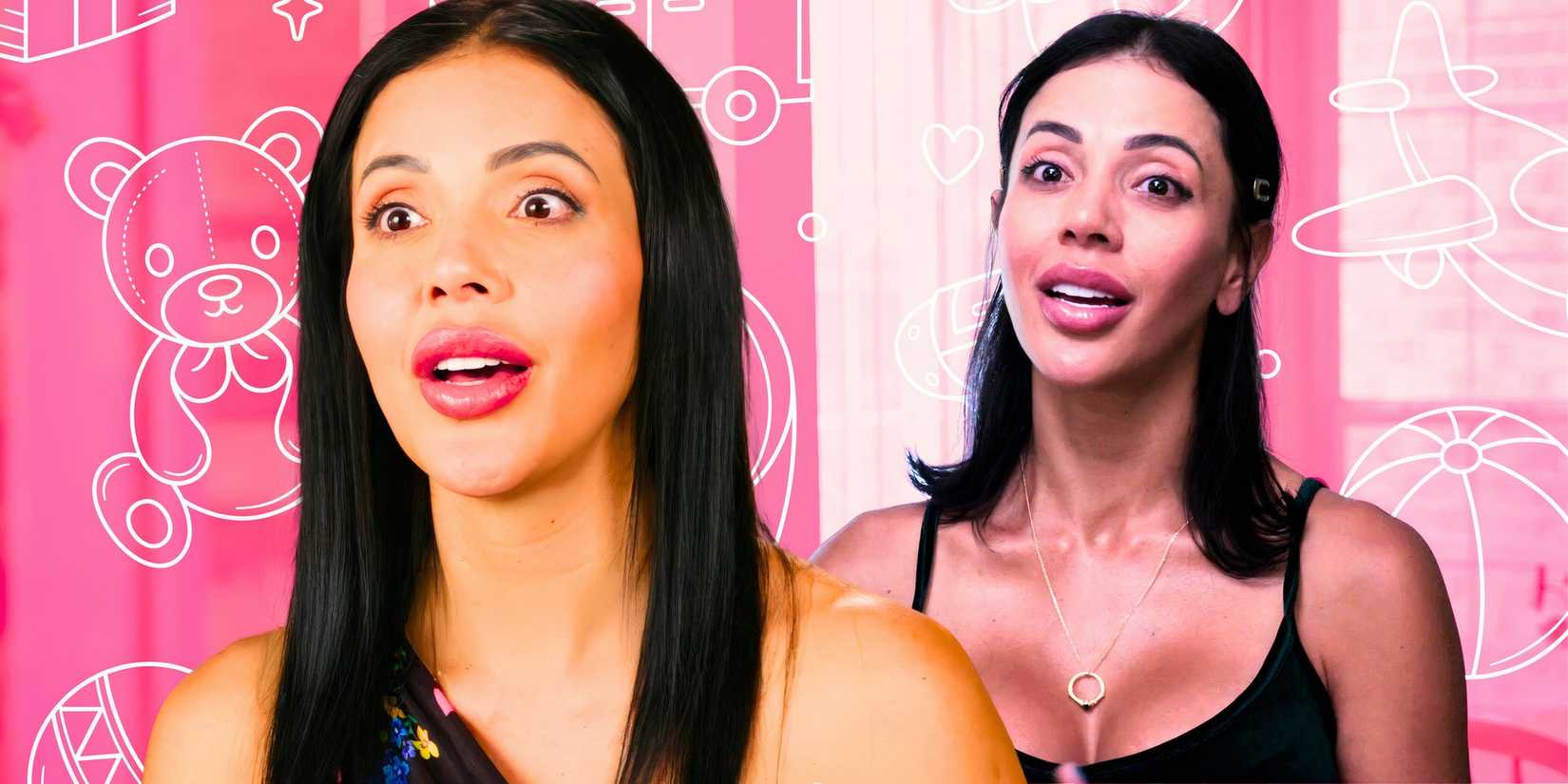 90 Day Fiancé Jasmine Pineda looking surprised in black surrounded by pink baby items
