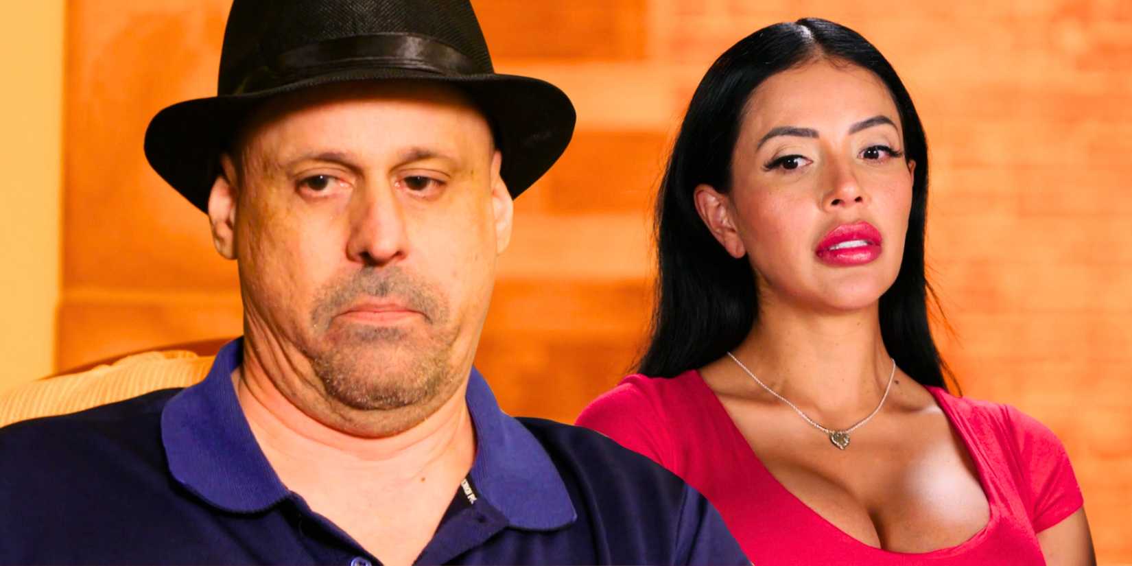 90 Day Fiancé's Gino Palazzolo and Jasmine Pineda look slightly down while serious.