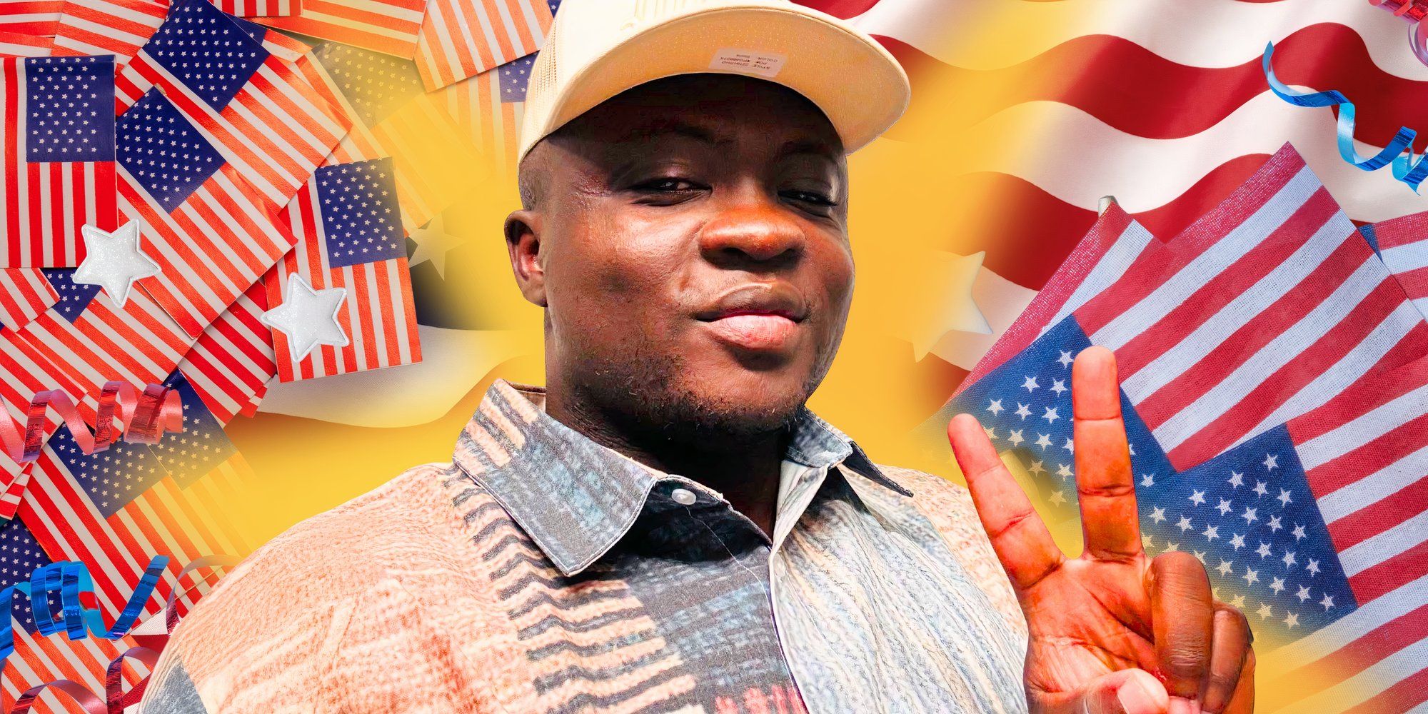 90 Day Fiancé Michael Ilesanmi doing peace sign surrounded by American flags