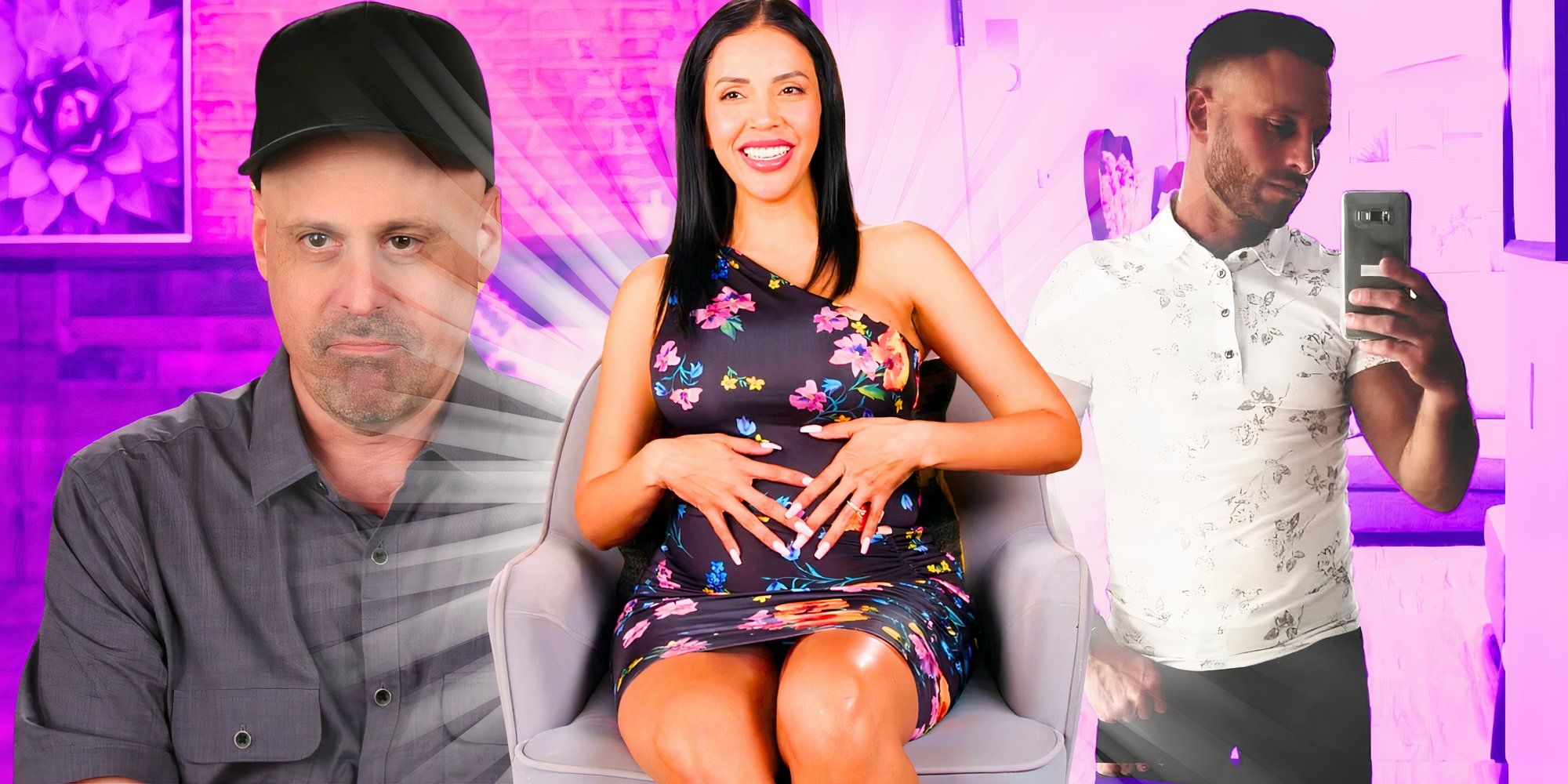 90 Day Fiancé image of jasmine pineda pregnant smiling with gino and matt branis behind her 