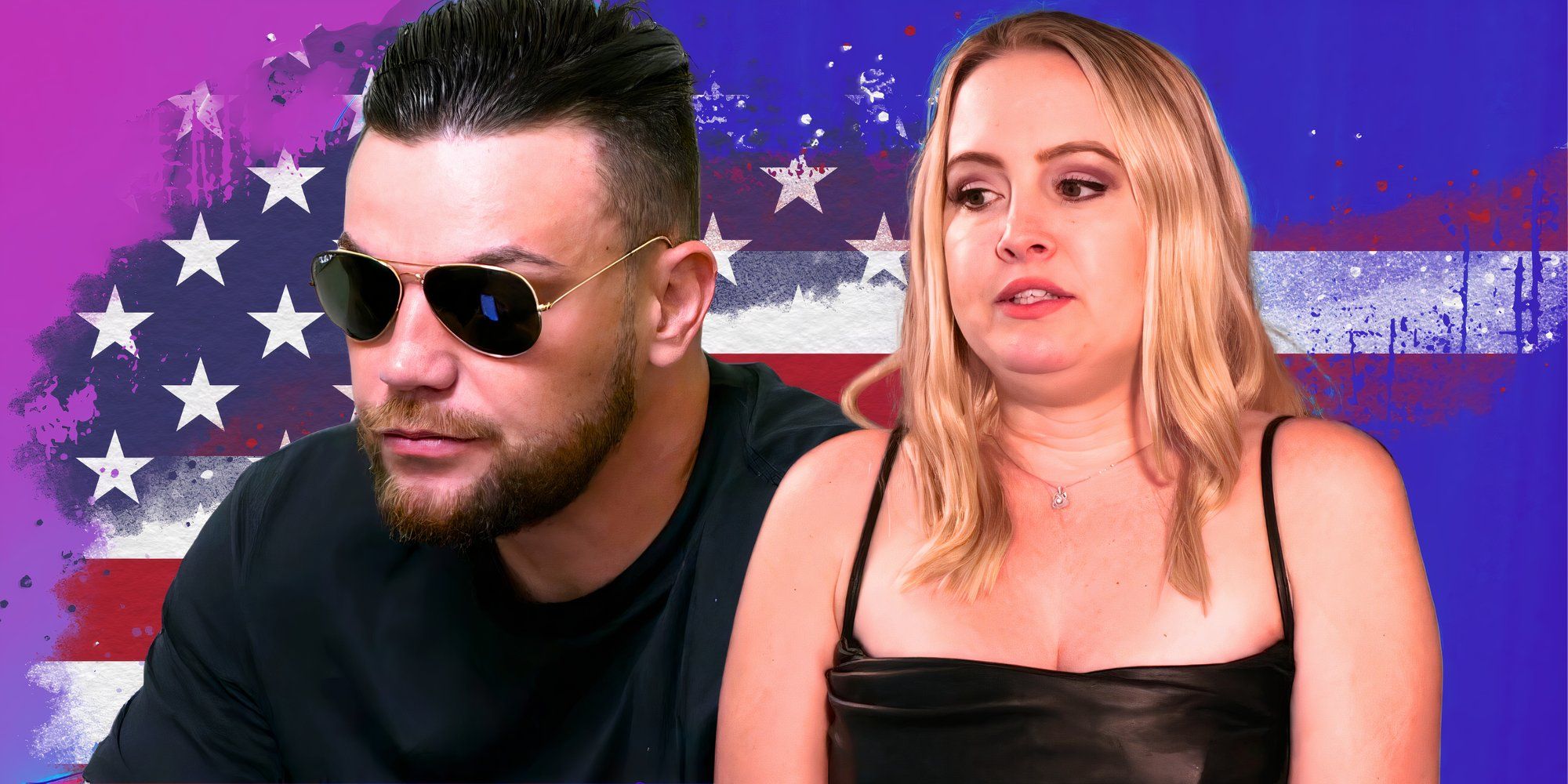 90 Day Fiancé Andrei Castravet in dark shades looking serious with Elizabeth “Libby” Potthast