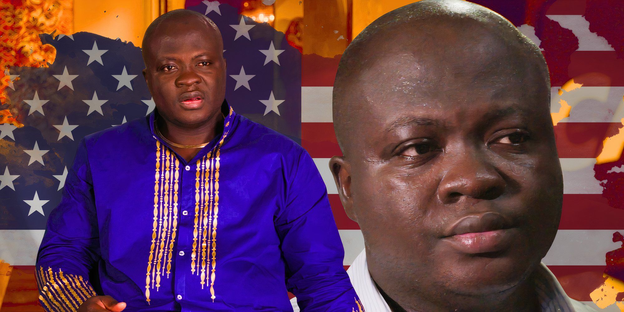 montage of michael ilesanmi from 90 Day Fiancé looking upset with american flag background