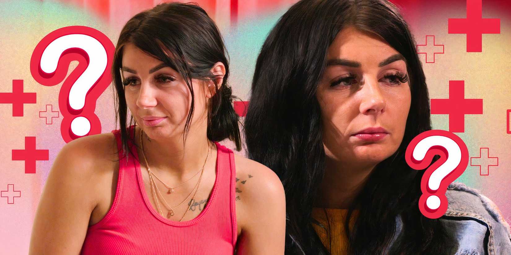 90 Day Fiancé Veah Netherton looking sad in pink top surrounded by question marks