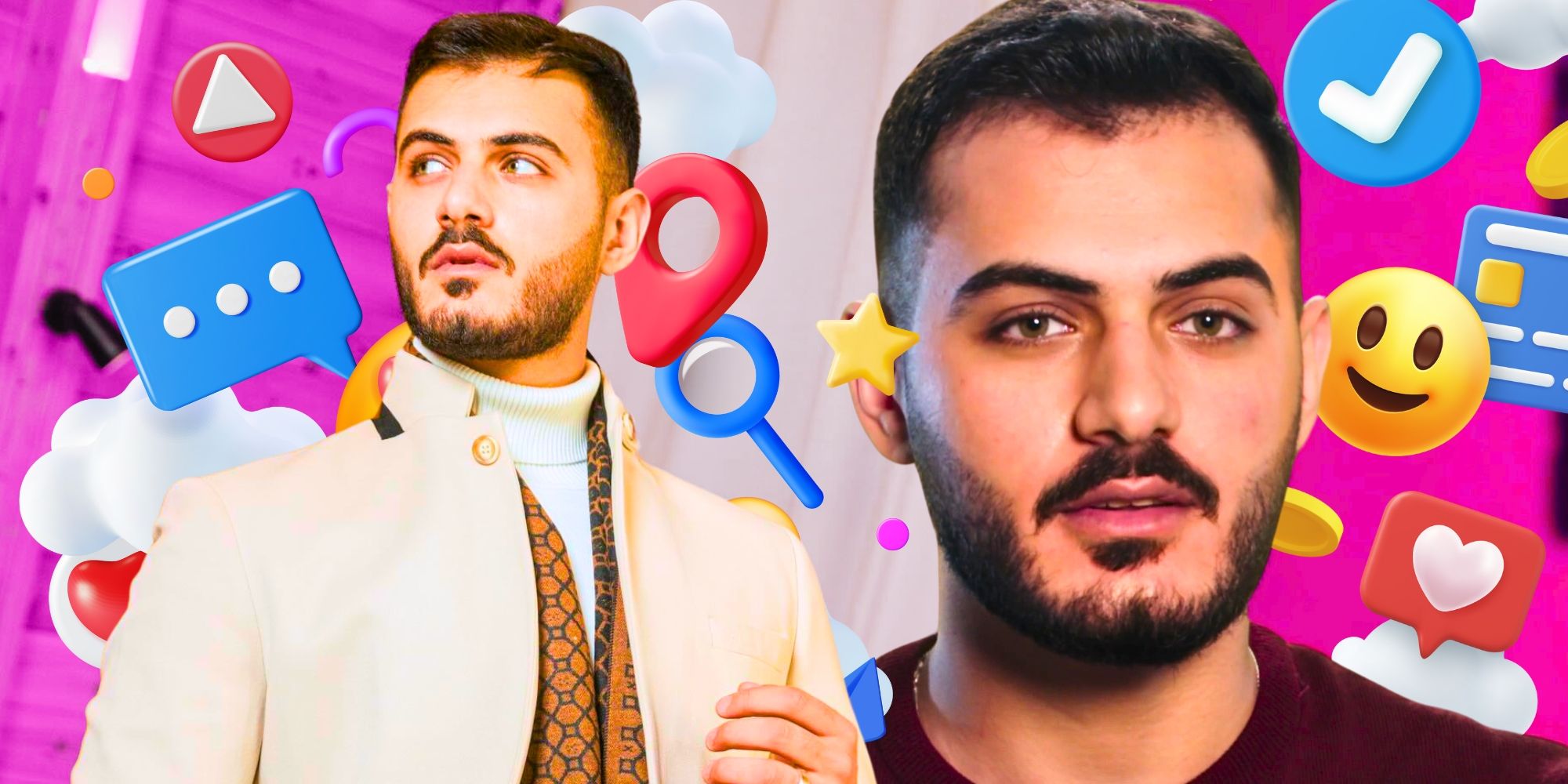 90 Day Fiance Adnan Abdelfattah in side by side images with social media icon and emoji background