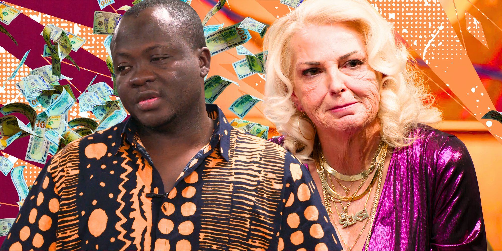 a montage of 90 day fiance&rsquo;s Michael looking sad with Angela and US dollars in the background