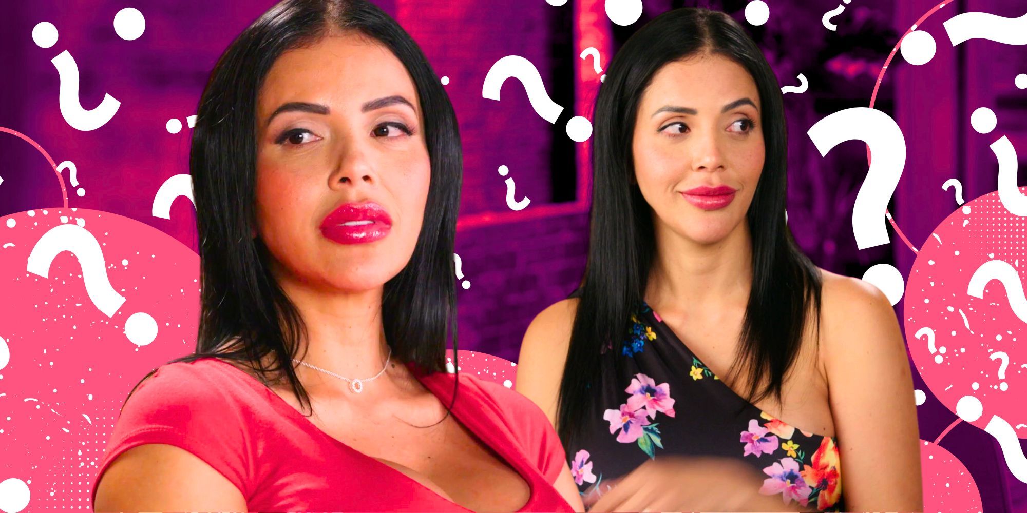 90 Day Fiancé’s Jasmine Pineda in a pink montage photo amid multiple question marks.