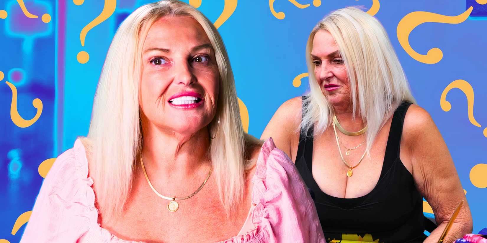 90 day fiance star Angela Deem in smiling and serious poses with b lue background and yellow question marks
