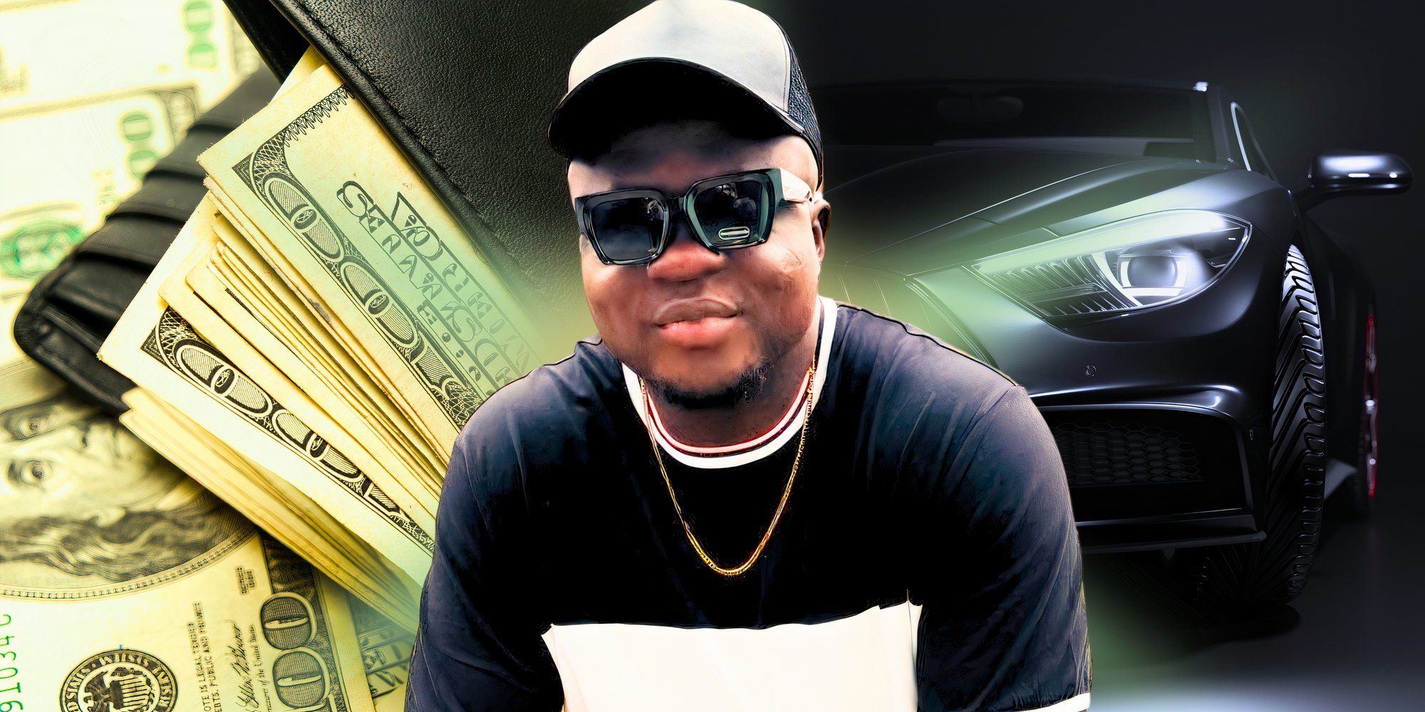 90 day fiance star Michael Ilesanmi in montage with michael in black shirt and sunglasses and money background