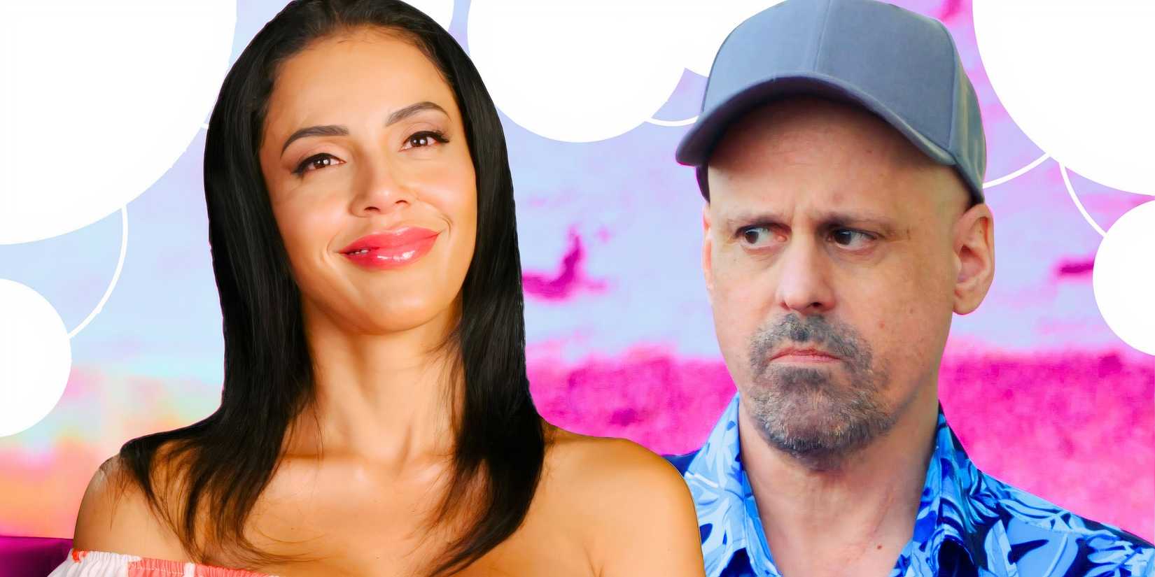 90 day fiance stars jasmine pineda and gino palazzolo looking serious in montage with pink and white background