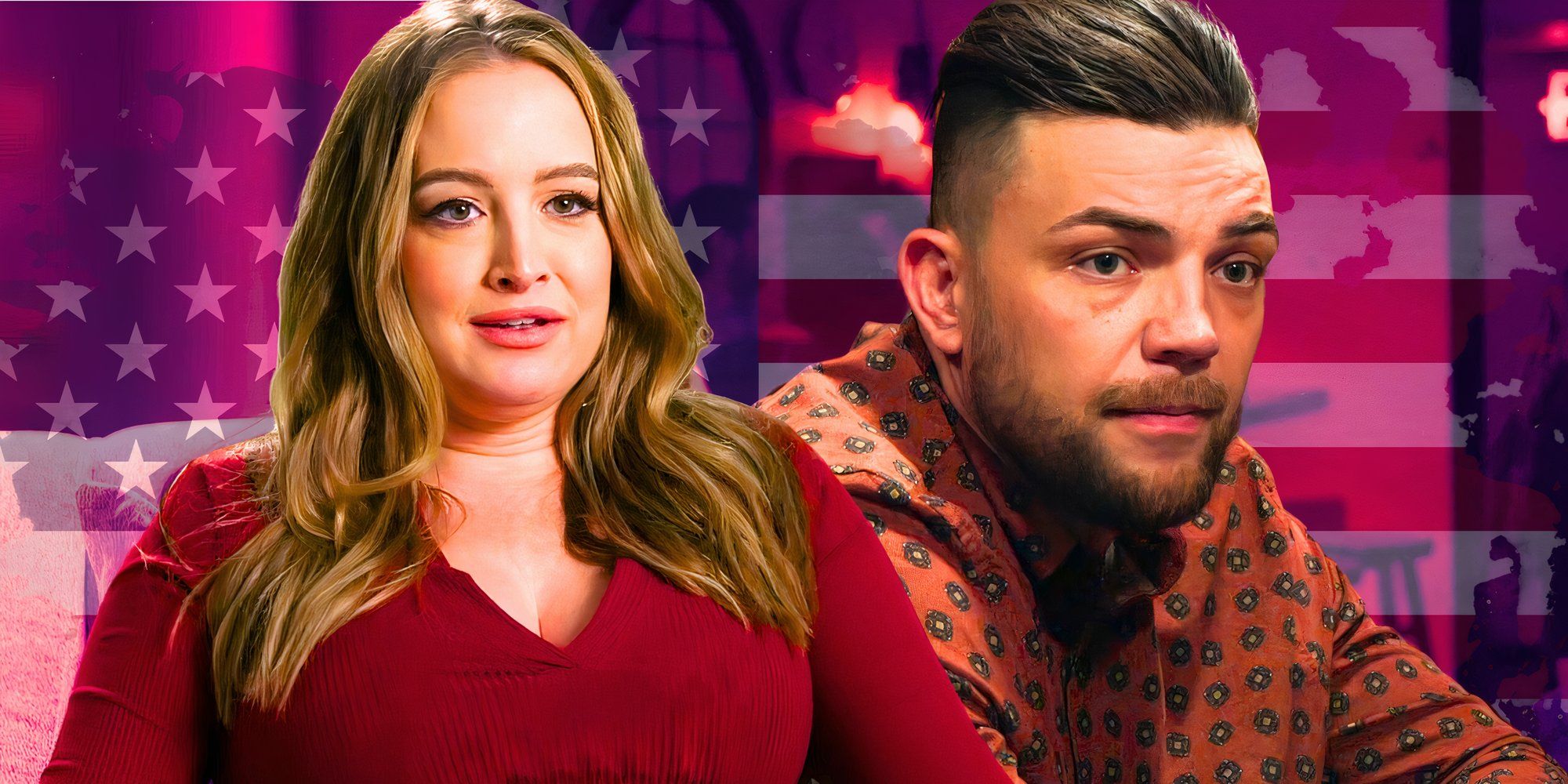 90 day fiance stars libby potthast and andrei castravet with her smiling and him serious and stars and stripes background