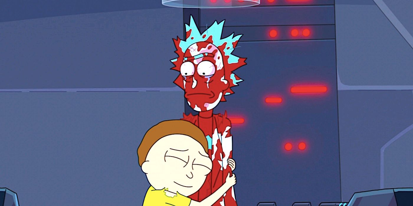 A blood soaked Rick stands frozen as Morty embraces him in Rick and Morty season 7