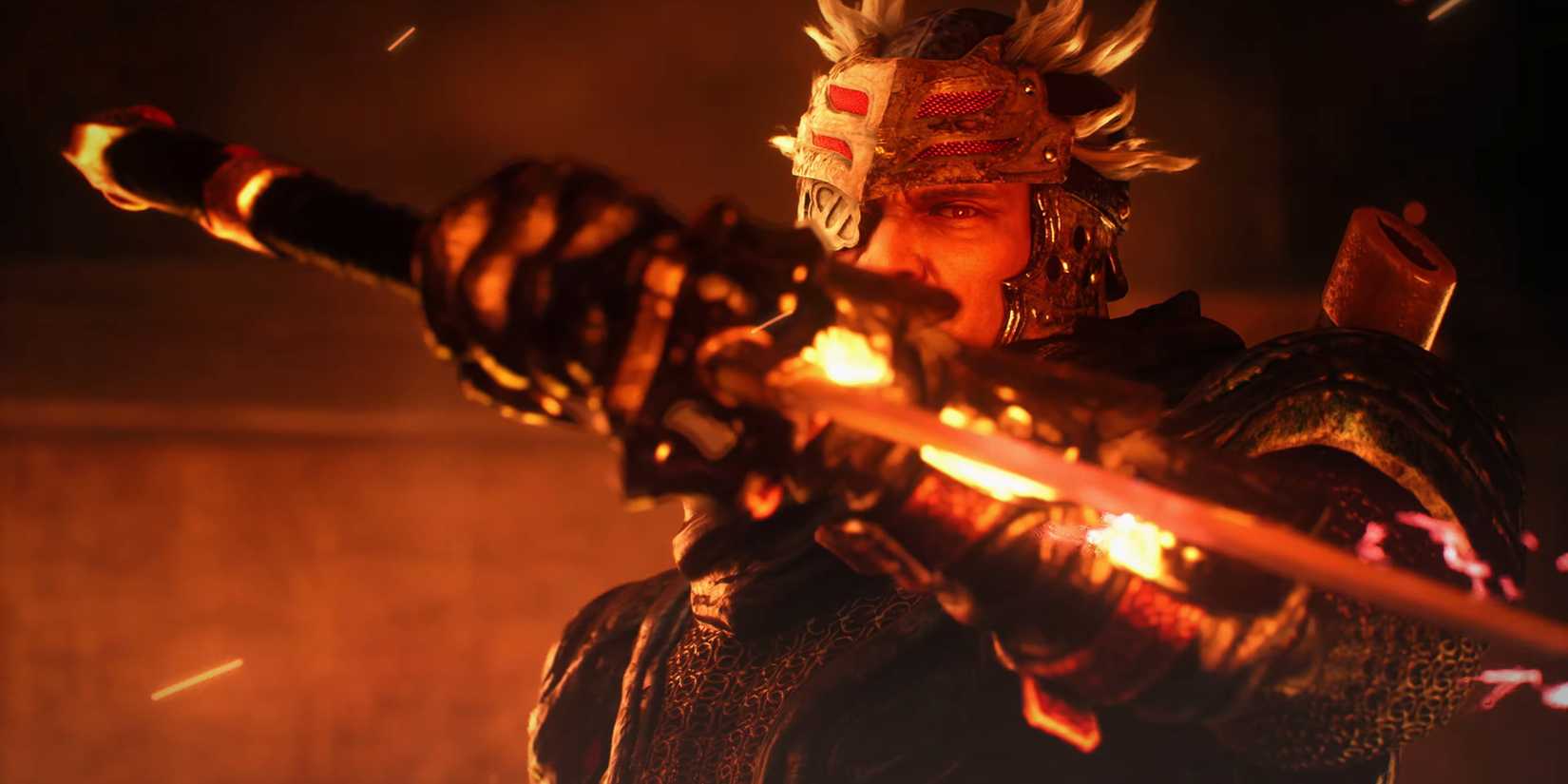 A boss holds a sword in front of his face in a screenshot from Ninja Gaiden 2 Black.