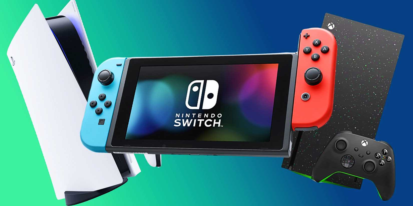 A collage of the PS5, Xbox Series X_S, and Switch on a blue and green background.