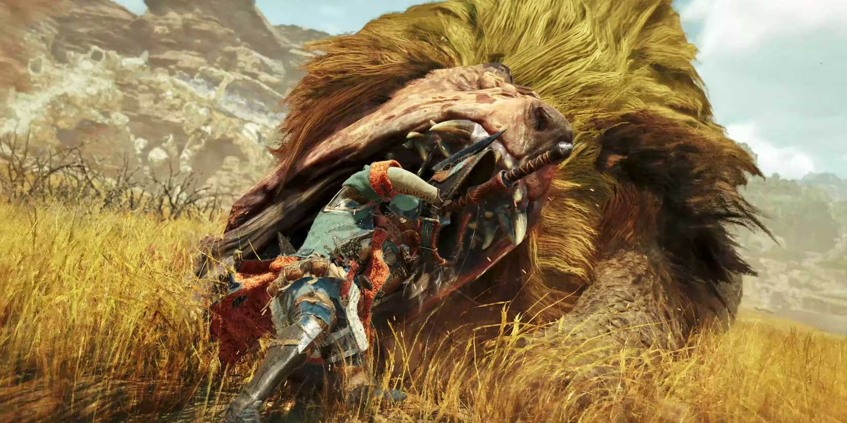 A Doshaguma lunging at a player character, mouth wide open in Monster Hunter Wilds.