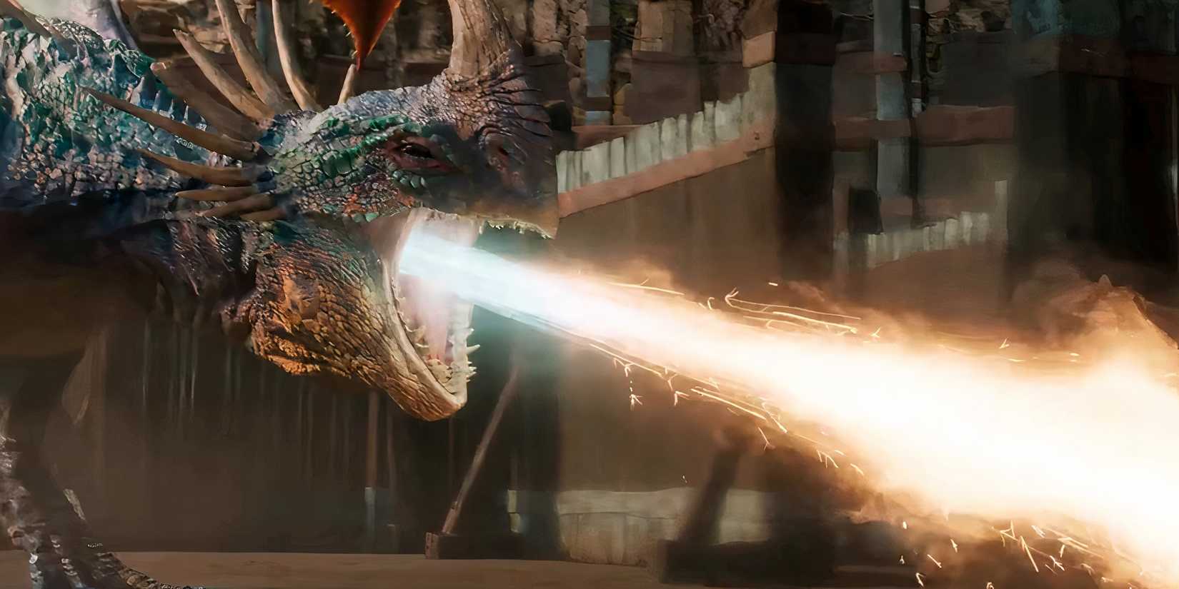 A dragon breathing fire in the training arena in How to Train Your Dragon