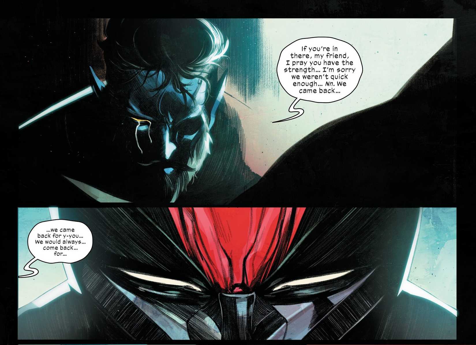 A dying Nightcrawler prays that a brainwashed Wolverine can regain his memory in Ultimate Wolverine #1