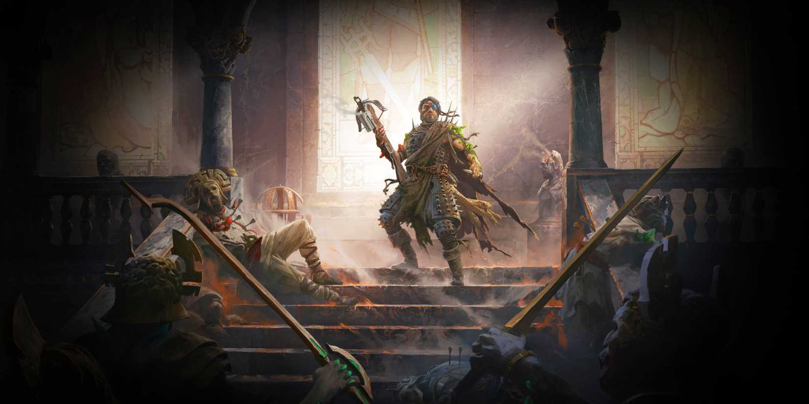 A Gemling Legionnaire Mercenary atop a set of stairs in Path of Exile 2, wielding a crossbow.