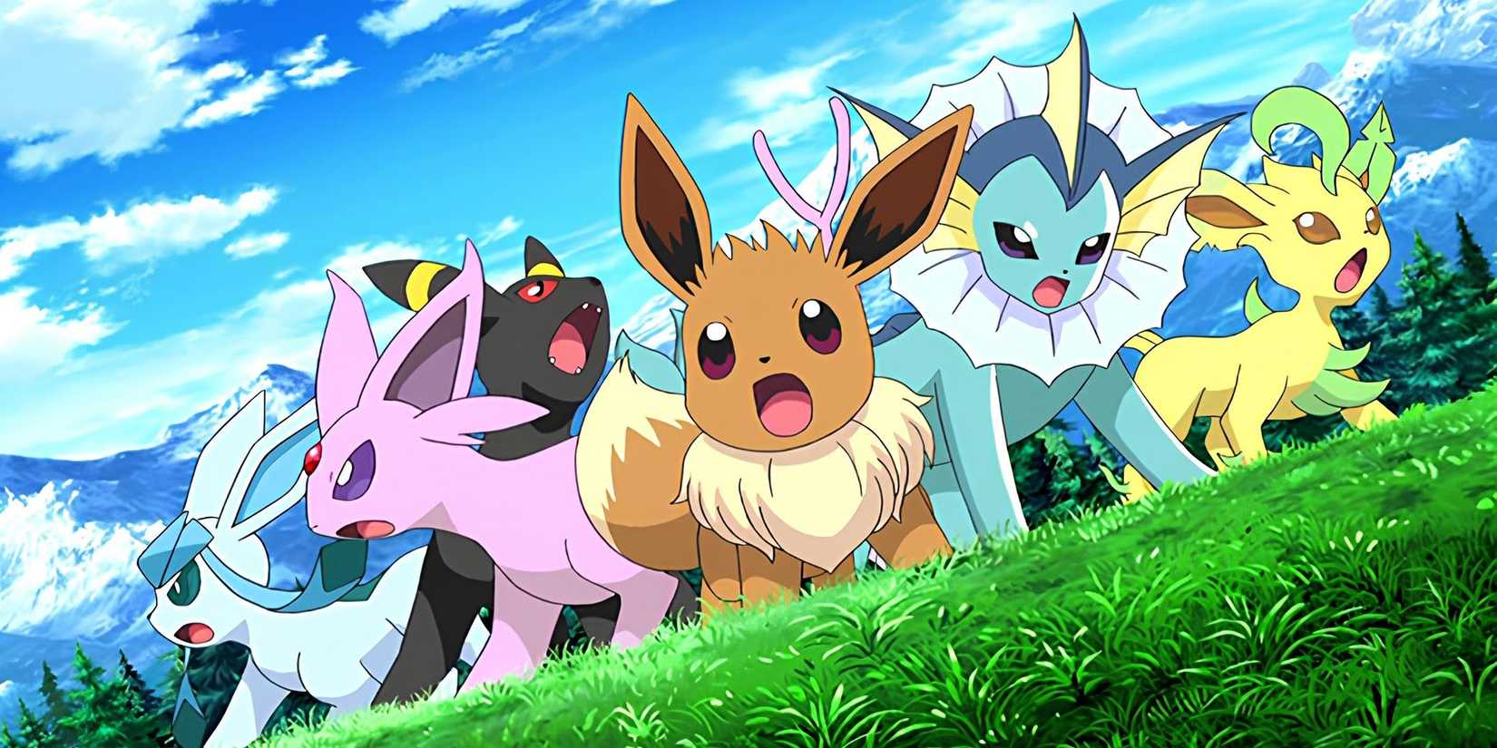 A group of Eeveelutions standing together in a screenshot from the Pokemon anime, but Flareon is missing.