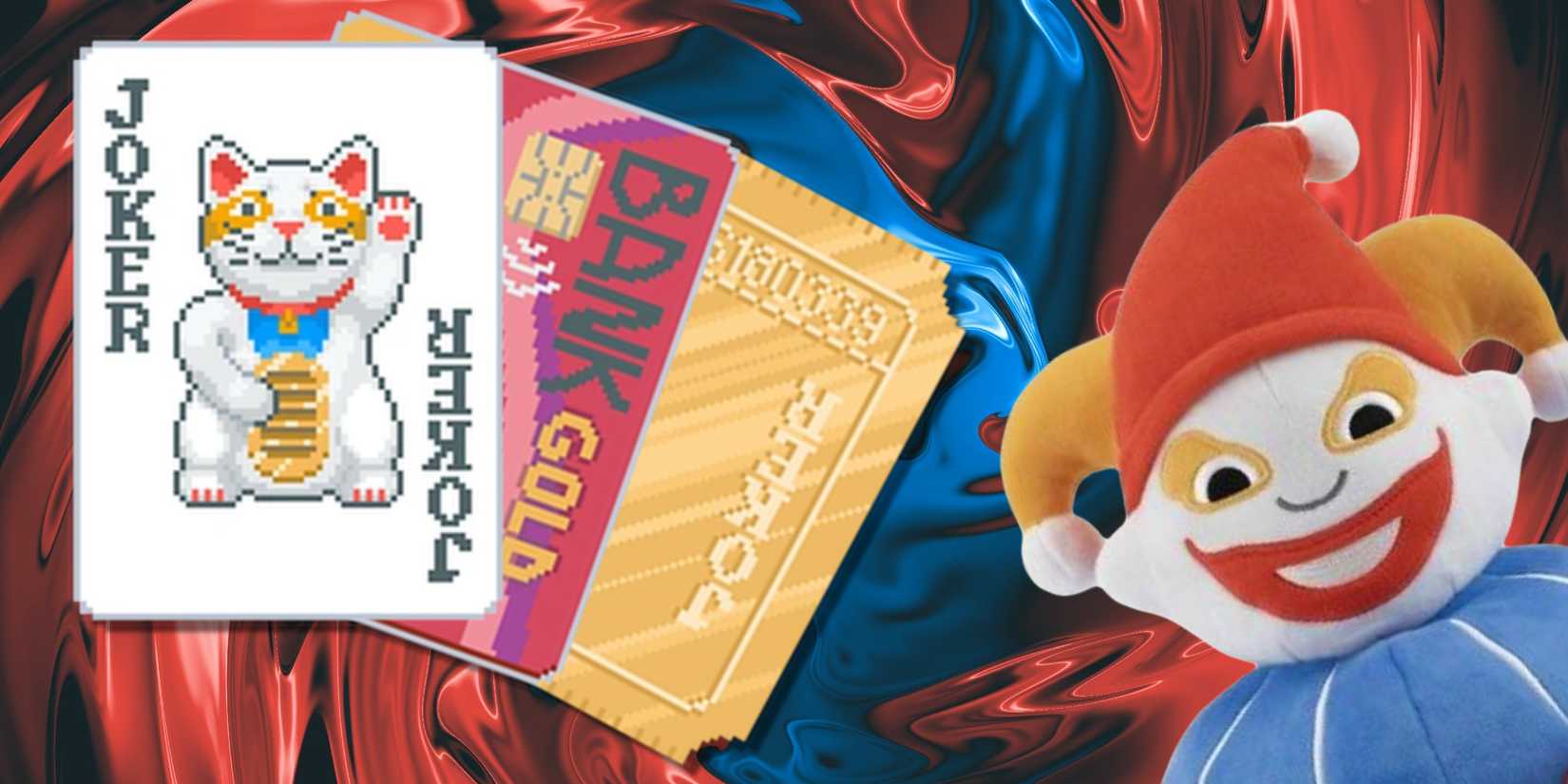 A hand containing the Lucky Cat, Credit Card, and Golden Ticket cards from Balatro alongside the smiling Jimbo Joker plushie.