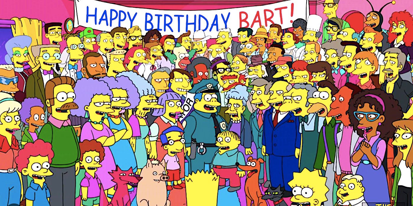 A huge group of characters stand by a banner announcing Bart's birthday in The Simpsons season 36 episode 1